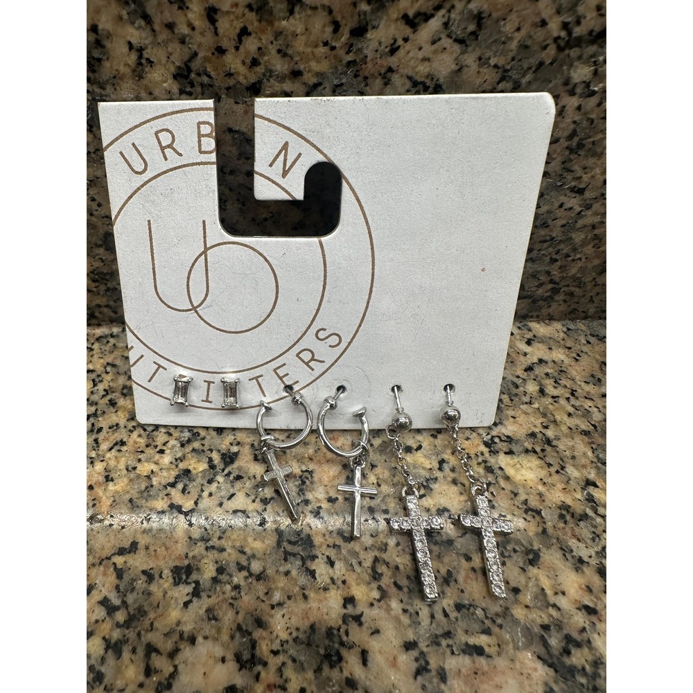 Urban Outfitters Silver Tone Cross Earrings Set 3 Pairs Stud Hoop Dangle Crystal